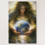 Goddess Gaia Gently Holding Planet Earth Jigsaw Puzzle<br><div class="desc">A mythical Gaia figure with hair of cascading leaves,  gracefully holding the Earth as the rivers transform into waterfalls onto her lap</div>