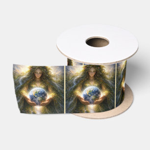 Goddess Gaia Gently Holding Planet Earth Satin Ribbon