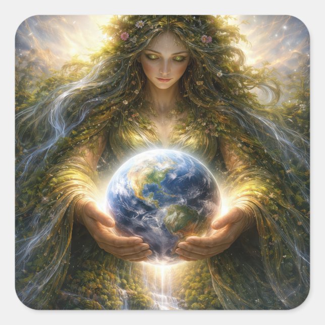 Goddess Gaia Gently Holding Planet Earth Square Sticker (Front)