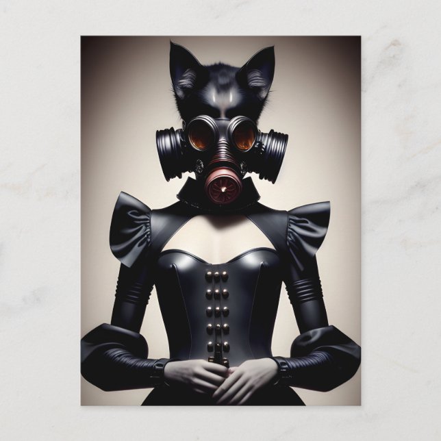 Goddess in black leather and gas mask Postcard (Front)