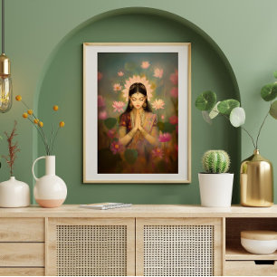 Goddess Lakshmi Lotus Flowers Hindu Painting Art Poster