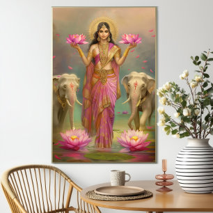 Goddess Lakshmi: Pink Gold Floral Elephants  Poster
