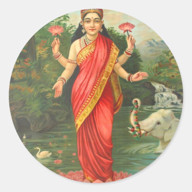 Goddess Lakshmi - Raja Ravi Varma Classic Round Sticker (Front)
