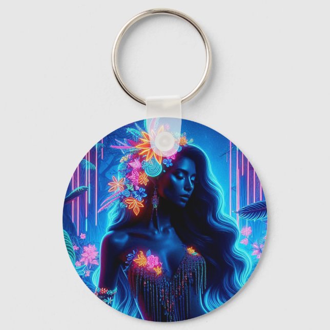 Goddess Of Light Neon glow Forest fantasy art Key Ring (Front)