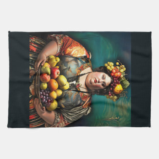 "Goddess of Overindulgence" Colourful Portrait     Tea Towel