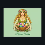 Goddess Ostara Spring Equinox Floral Basket Postcard<br><div class="desc">Celebrate the rebirth of nature with this enchanting Goddess Ostara design. Featuring a radiant maiden adorned with a spring wildflower crown, she holds a rustic basket filled with intricately decorated, glowing cosmic eggs. This illustration captures the magical energy of the Spring Equinox, making it a perfect choice for those who...</div>
