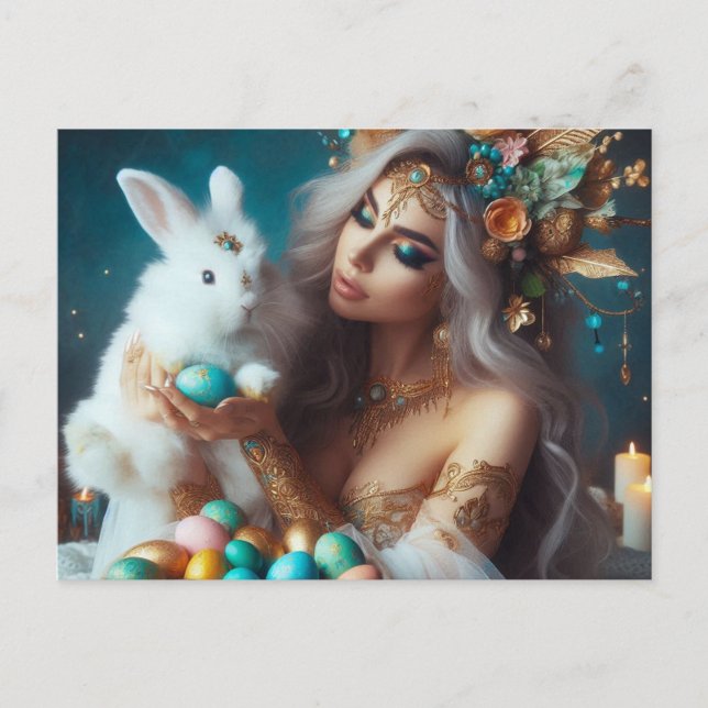Goddess Ostara with the Easter Bunny Holiday Postcard (Front)