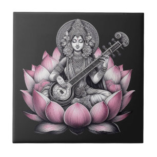Goddess Saraswati on Lotus Tile