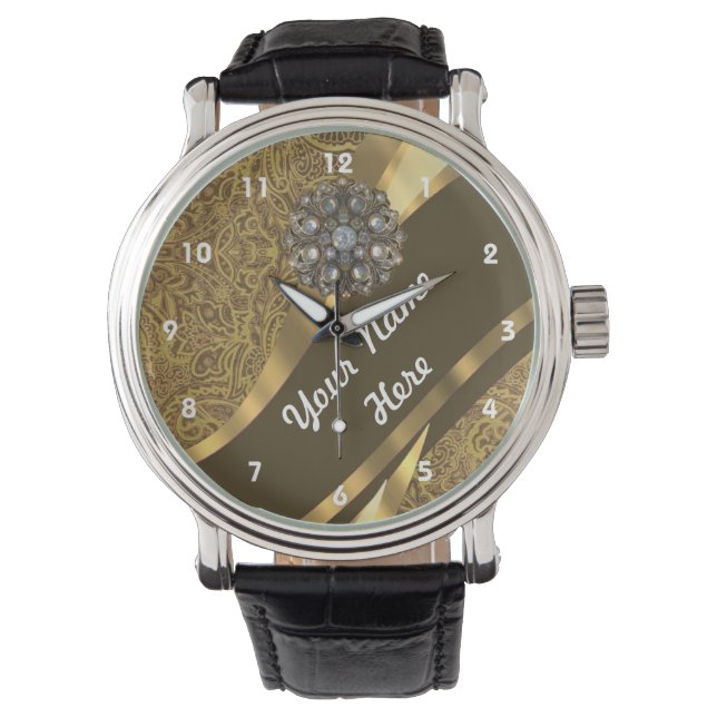 Goden brown and gold floral damask pattern watch (Front)