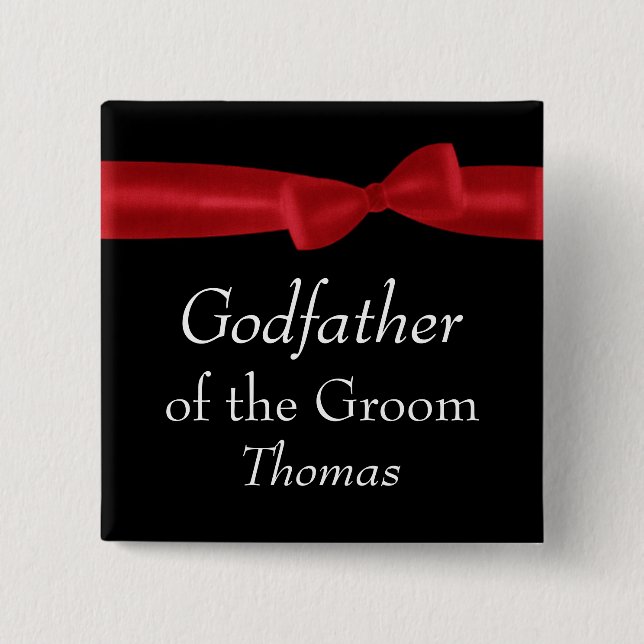 GODFATHER of GROOM Red Bow Wedding Custom Name 15 Cm Square Badge (Front)