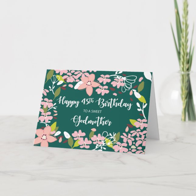 Godmother 45th Birthday Green Flowers Card (Front)