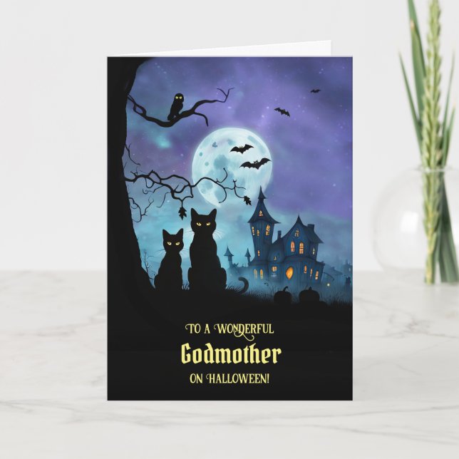 Godmother Cute Halloween with Black Cats  Card (Front)