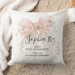 Godmother Gift First Communion Pink Bow Roses Cushion