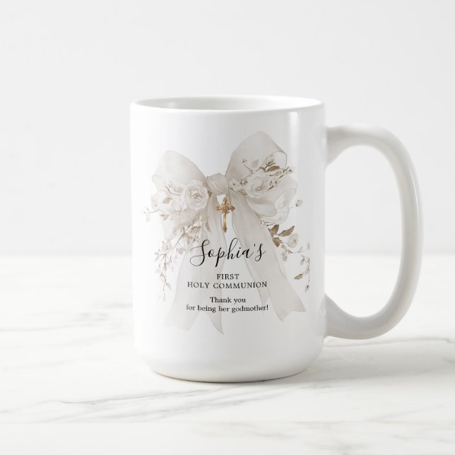Godmother Gift First Communion White Bow Roses Coffee Mug (Right)