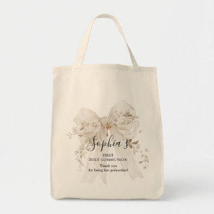 Godmother Gift First Communion White Bow Roses Tote Bag