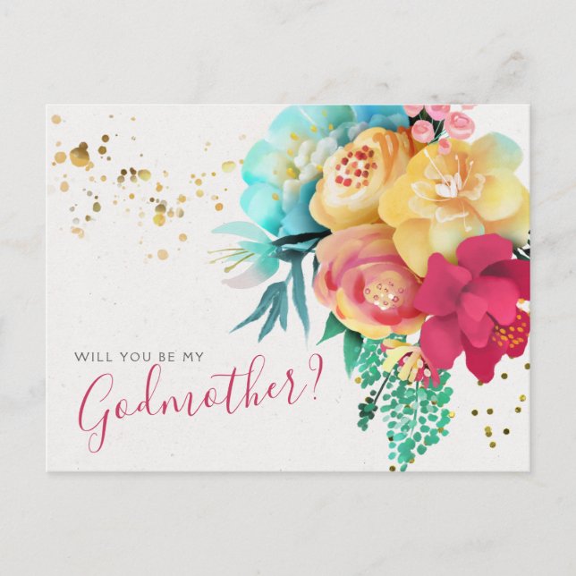 Godmother Proposal Card Floral Gold Splatter (Front)