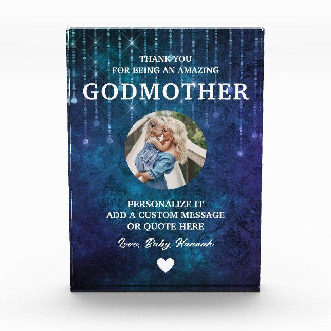 Godmother Thank You Blue Sparkles Custom Photo Block (Front)
