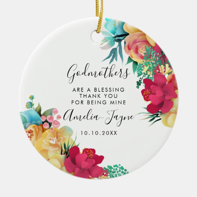 Godmothers Are a Blessing Floral Photo Ceramic Tree Decoration (Front)
