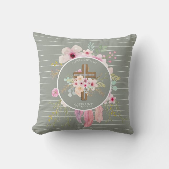 Godparent - Personalised Floral Cross Sage Green Cushion (Front)