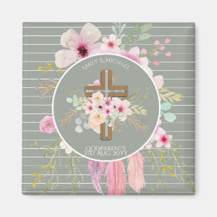 Godparent - Personalised Floral Cross Sage Green Magnet