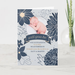 Godparent Request Bold Blue Botanicals with Photo Card