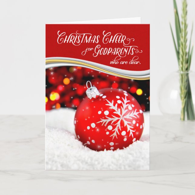 Godparents Christmas Cheer Red Snowflake Ornament Holiday Card (Front)