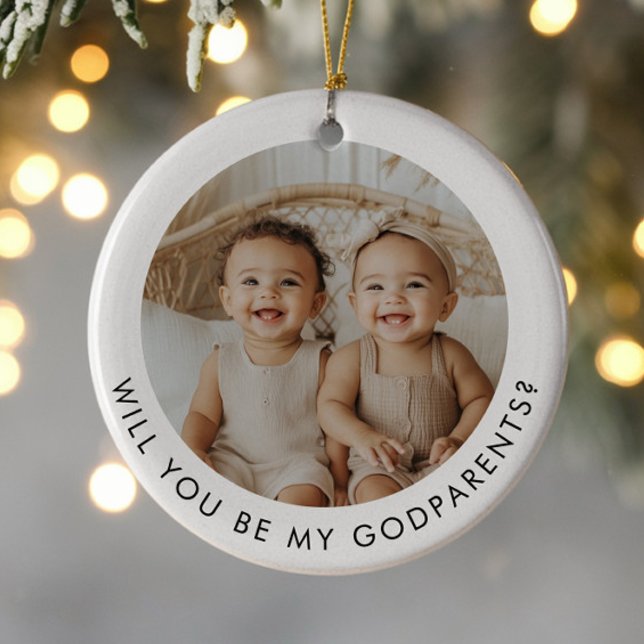 Godparents Photo Proposal Girl Boy Twins Ceramic Tree Decoration (Zazzle Godparents Photo Proposal Girl Boy Twins Ceramic Ornament (Front))
