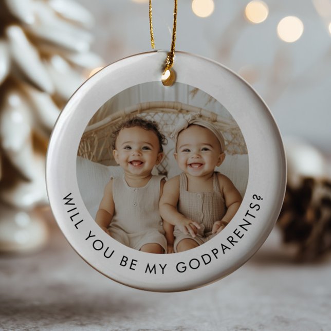 Godparents Photo Proposal Girl Boy Twins Ceramic Tree Decoration (Zazzle Godparents Photo Proposal Girl Boy Twins Ceramic Ornament (Front))