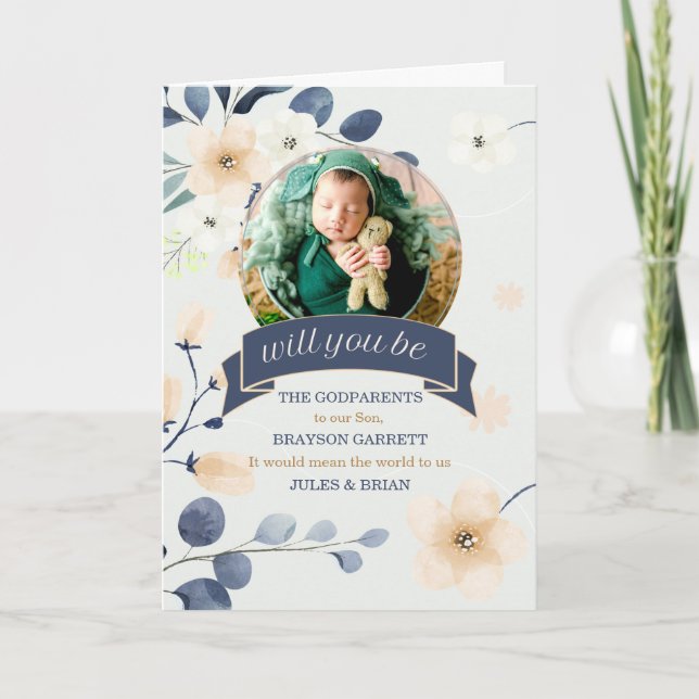 Godparents Request Blue and Yellow Blossoms Photo  Card (Front)