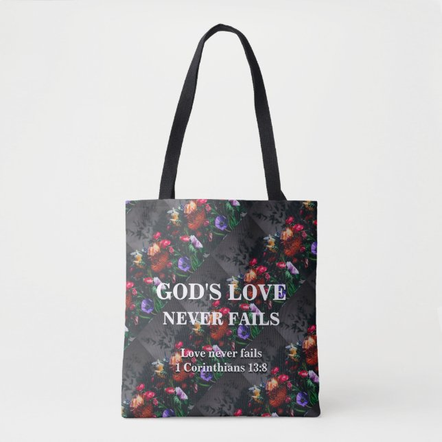GOD'S LOVE NEVER FAILS Custom Scripture Christian Tote Bag (Front)