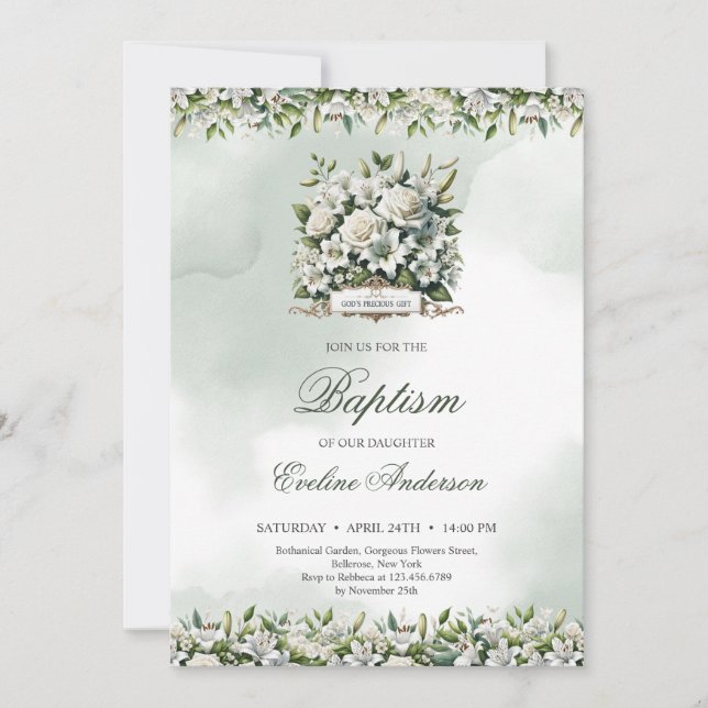 God's precious gift green and gold Baptism Invitation (Front)