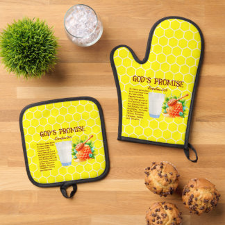 God's Promise , Exodus 3:8 Yellow Honey Hive Print Oven Mitt & Pot Holder Set