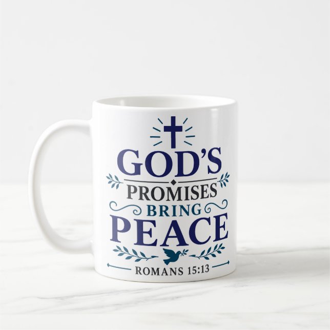 God's Promises Bring Peace Morning Devotion Quote Coffee Mug (Left)