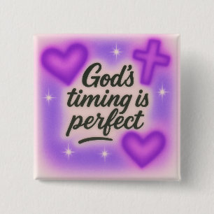 god's timing is perfect airbrush retro 90s purple  15 cm square badge