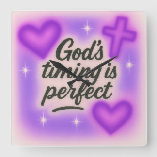 god's timing is perfect airbrush retro 90s purple  square wall clock