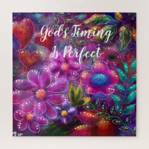 God's Timing is Perfect Floral Abstract Pink Red Jigsaw Puzzle