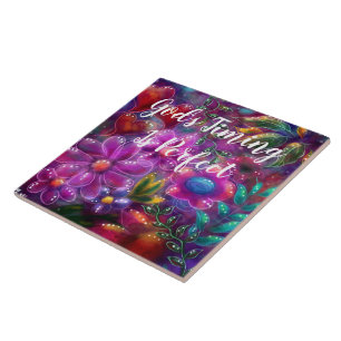 God's Timing is Perfect Floral Abstract Pink Red  Tile