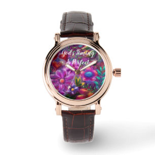 God's Timing is Perfect Floral Abstract Pink Red  Watch