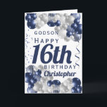 Godson 16th Birthday Navy Balloon Card<br><div class="desc">A gorgeous navy and silver balloon happy 16th birthday card. This fabulous design is the perfect way to wish your godson a happy 16th birthday (or any age!) Personalise with our own custom name and message. Blue coloured typography.</div>