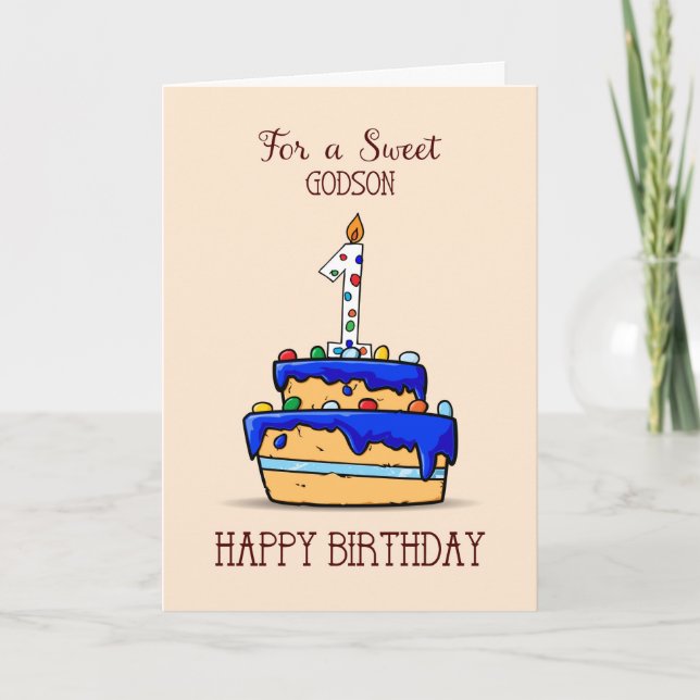 Godson 1st Birthday, 1 on Sweet Blue Cake Card (Front)