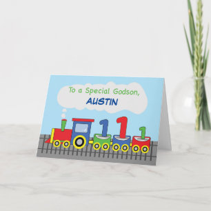 Godson 1st Birthday Colourful Train on Track Card