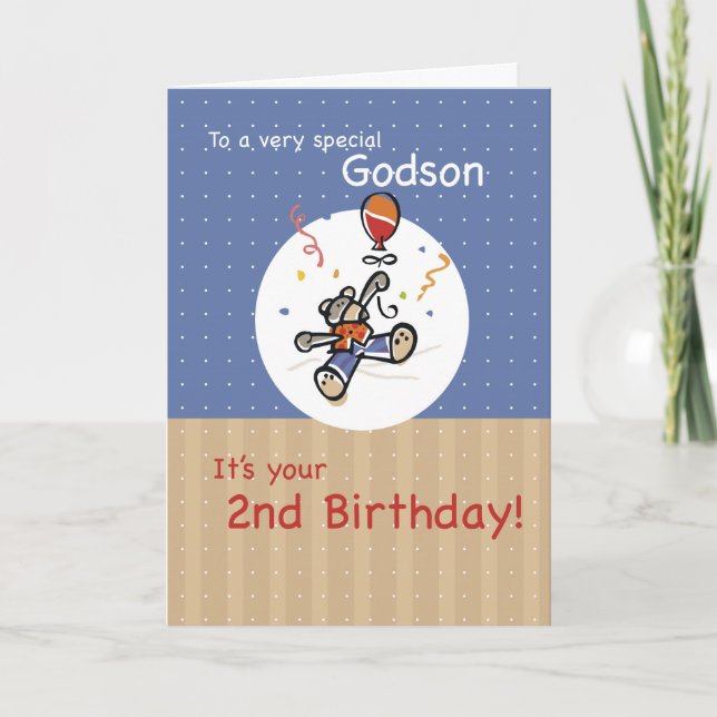 Godson 2nd Teddy Bear Balloon Birthday Card (Front)