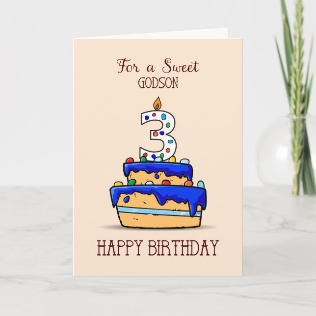 Godson 3rd Birthday, 3 on Sweet Blue Cake Card (Front)