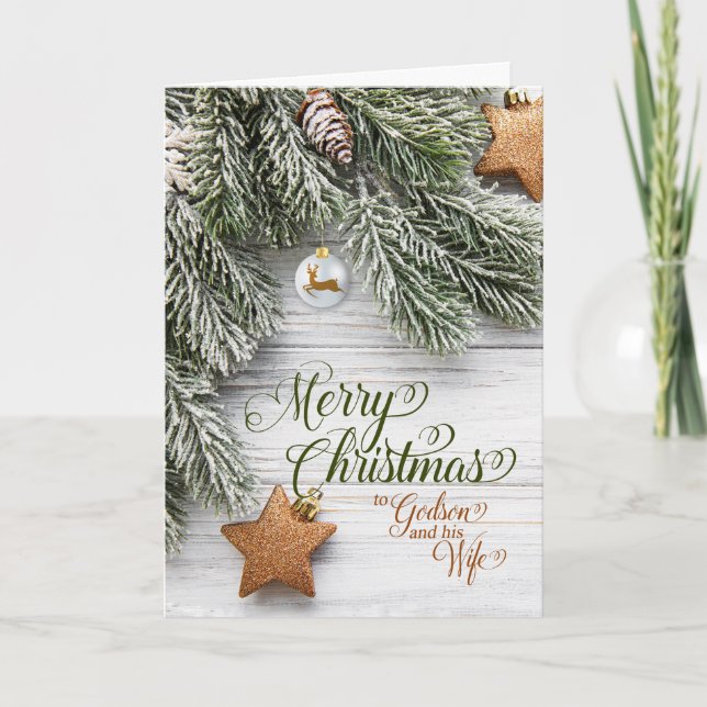 Godson and Wife Christmas Snowy Pine and Stars Holiday Card (Front)