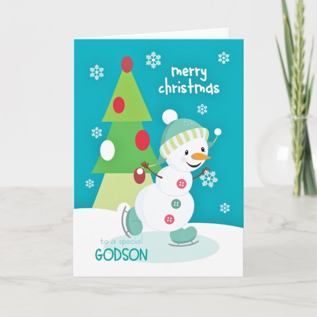 Godson Christmas Snowman Ice Skating Holiday Card (Front)