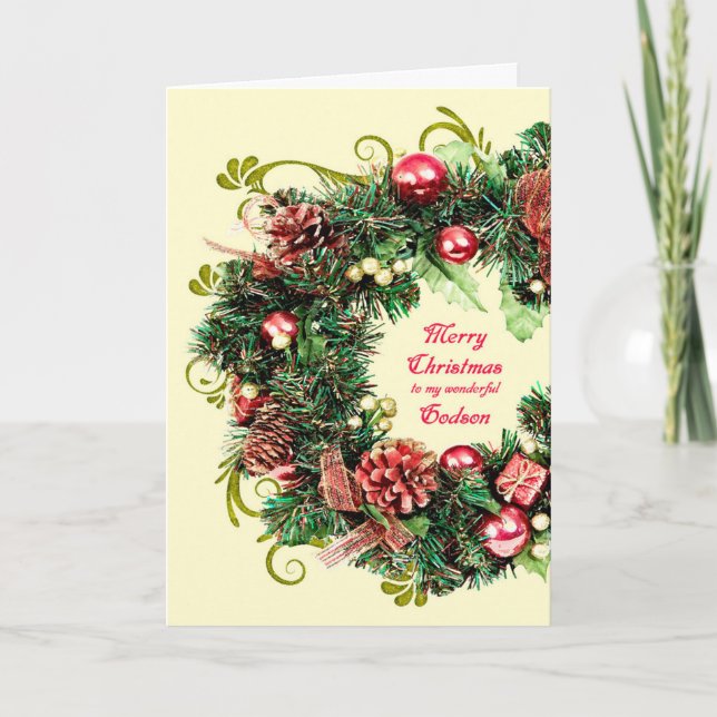 Godson Christmas Wreath Holiday Card (Front)