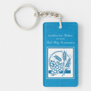 Godson First Communion, Wheat, Grapes Blue Key Ring