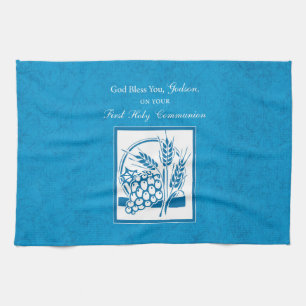Godson First Communion, Wheat, Grapes Blue Tea Towel