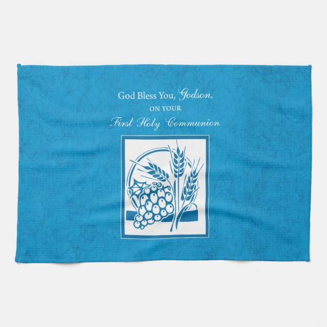 Godson First Communion, Wheat, Grapes Blue Tea Towel (Horizontal)