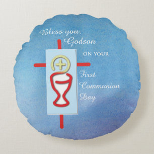 Godson, First Holy Communion, Blue Round Cushion